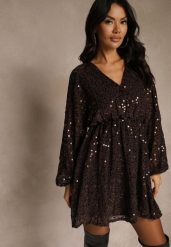 Brązowa Rozkloszowana Sukienka z Długimi Rękawami Zdobiona Cekinami Reisena. Brązowe sukienki Renee, m, z aplikacjami, z poliesteru, eleganckie, bez kołnierzyka, bez ramiączek, mini, rozkloszowane. Za 169.99 zł.