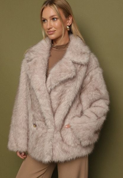 Beżowa Dwurzędowa Kurtka Futerko o Fasonie Oversize Asinella. Brązowe kurtki Born2be, l, bez wzorów, z futra, bez kaptura. Za 229.99 zł.
