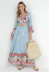Niebiesko-Różowa Rozkloszowana Sukienka Maxi w Kwiaty z Paskiem Leondra. Niebieskie sukienki Born2be, l, bez wzorów, wakacyjne, bez kołnierzyka, bez ramiączek, maxi, rozkloszowane. W wyprzedaży za 135.99 zł.