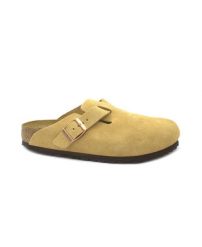 Klapki damskie Birkenstock boston vl. Brązowe klapki Birkenstock, bez wzorów, z materiału, bez obcasa, bez zapięcia. Za 638.05 zł.