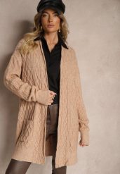 Ciemnobeżowy Kardigan Nierozpinany o Długim Kroju Ozdobiony Tłoczeniem Vailithe. Brązowe swetry Renee, s, z aplikacjami, z jeansu, eleganckie, bez ramiączek. W wyprzedaży za 127.99 zł.