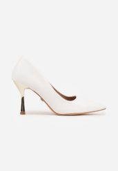Białe Szpilki VICES ze Skórzaną Wkładką i Metalicznym Obcasem Nesslisa. Białe szpilki Renee, bez wzorów, z satyny, eleganckie, bez obcasa, na obcasie, bez zapięcia. Za 99.99 zł.