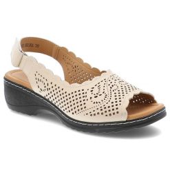 Sandały damskie Vinceza, na płaskim obcasie skórzane ażurowe z odkrytą piętą na rzepy, beżowe, 66738-BE. Brązowe sandały VINCEZA, z aplikacjami, ze skóry, bez obcasa, na koturnie, bez zapięcia. Za 129.00 zł.