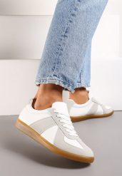 Szaro-Białe Sneakersy Tenisówki z Ozdobnymi Przeszyciami Sumina. Białe trampki Renee, bez wzorów, z materiału, bez zapięcia. W wyprzedaży za 63.99 zł.
