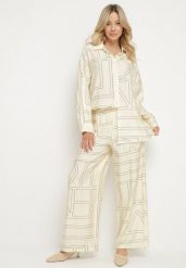 Beżowy Wiskozowy Komplet w Geometryczny Wzór Spodnie i Koszula Hanarieth. Brązowe koszule Born2be, l, bez wzorów, z wiskozy, eleganckie, bez kołnierzyka, bez ramiączek. Za 169.99 zł.