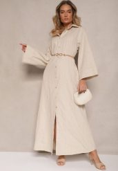 Beżowa Pudełkowa Sukienka z Lnem o Koszulowym Kroju Mirloti. Żółte sukienki Renee, na co dzień, l, bez wzorów, z bawełny, eleganckie, bez kołnierzyka, bez ramiączek, maxi, koszulowe. W wyprzedaży za 167.99 zł.