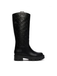 Guess Kozaki FLFLYI ELE11 Czarny. Czarne kozaki Guess, z aplikacjami, ze skóry, bez obcasa, na płaskiej podeszwie, bez zapięcia. Za 824.99 zł.