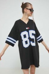 Tommy Jeans sukienka bawełniana kolor czarny mini oversize. Czarne sukienki Tommy Jeans, l, bez wzorów, z bawełny, bez kołnierzyka, bez ramiączek, mini, oversize. Za 399.99 zł.