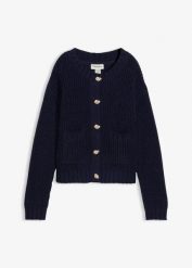 Gruby sweter z ozdobnymi guzikami. Niebieskie swetry bonprix, bez wzorów, bez ramiączek. Za 144.99 zł.
