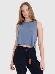 4F Top z nadrukiem damski - granatowy XS. Niebieskie topy 4f, xs, bez wzorów, z bawełny, klasyczne, bez kołnierzyka, bez ramiączek. W wyprzedaży za 29.99 zł.