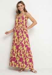 Jasnozielona Rozkloszowana Sukienka na Ramiączkach z Wiskozowej Tkaniny w Kwiaty Sepelvia. Zielone sukienki Born2be, na spotkanie biznesowe, l, bez wzorów, z tkaniny, eleganckie, bez kołnierzyka, bez ramiączek, maxi, rozkloszowane. Za 99.99 zł.