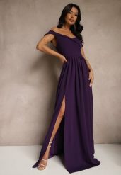 Fioletowa Elegancka Długa Sukienka Hiszpanka Wykończona Rozcięciem na Dole Idelia. Fioletowe sukienki Renee, l, bez wzorów, z materiału, eleganckie, bez kołnierzyka, bez ramiączek, maxi. W wyprzedaży za 167.99 zł.