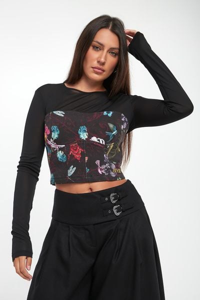 Bluzka damska z siatką VERSACE JEANS COUTURE. Bluzki Versace Jeans Couture, bez wzorów, z jeansu, bez kołnierzyka, bez ramiączek. Za 1,499.00 zł.