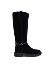 Guess Kozaki FLFYN2 LEA11 Czarny. Czarne kozaki Guess, z aplikacjami, ze skóry, bez obcasa, na płaskiej podeszwie, bez zapięcia. Za 899.99 zł.