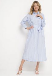 Niebieska Koszulowa Sukienka w Paski z Wiązaniem w Talii Lasali. Niebieskie sukienki Born2be, na co dzień, l, bez wzorów, eleganckie, bez kołnierzyka, bez ramiączek, dopasowane. W wyprzedaży za 111.99 zł.