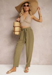 Ciemnozielone Spodnie High Waist Wiązane w Pasie Wykończone Gumką w Talii Dimixi. Zielone jeansy Renee, s, bez wzorów, z jeansu, z podwyższonym stanem. W wyprzedaży za 29.99 zł.