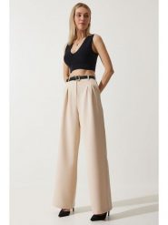 Happiness Istanbul Spodnie w kolorze kremowym rozmiar: 38. Brązowe spodnie materiałowe Happiness Istanbul, bez wzorów, z materiału, z podwyższonym stanem. Za 78.99 zł.