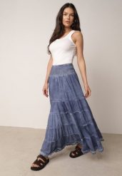 Niebieska Spódnica z Bawełny z Wysokim Stanem Stylizowana na Jeansową Ealread. Niebieskie spódnice Born2be, do pracy, m, bez wzorów, z bawełny, biznesowe, maxi, dopasowane. Za 99.99 zł.