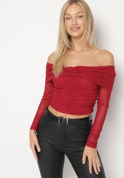 Bordowa Siateczkowa Bluzka VICES z Odkrytymi Ramionami Ozdobiona Marszczeniem Tuvita. Czerwone bluzki Born2be, l, z aplikacjami, z jeansu, bez kołnierzyka, bez ramiączek. Za 79.99 zł.