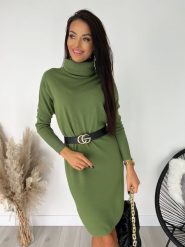 Oliwkowa Sweterkowa Tunika z Golfem 8804-182-E. Zielone tuniki ModnaKiecka.pl, l, bez wzorów, z elastanu, eleganckie, z asymetrycznym kołnierzem, bez ramiączek. Za 104.99 zł.