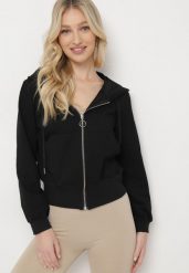 Czarna Bluza z Kapturem na Suwak Wykończona Ściągaczami Diacra. Czarne bluzy Born2be, l, bez wzorów, z kapturem. W wyprzedaży za 55.24 zł.