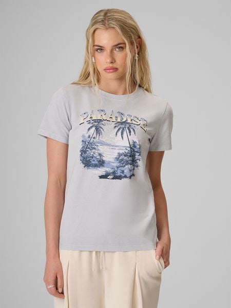 4F T-shirt regular z nadrukiem damski - niebieski S. Niebieskie t-shirty 4f, s, bez wzorów, z bawełny, bez kołnierzyka, bez ramiączek. Za 69.99 zł.