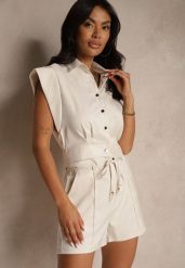 Jasnobeżowy Elegancki Komplet Koszula Bez Rękawów i Szorty z Wiązanym Paskiem Linelitia. Brązowe koszule Renee, m, bez wzorów, eleganckie, bez kołnierzyka, bez ramiączek. W wyprzedaży za 119.99 zł.
