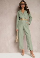 Zielony Kombinezon z Paskiem z Plecionki Kopertową Górą i Zwężającymi się Nogawkami Avnja. Zielone sukienki Renee, l, bez wzorów, eleganckie, bez kołnierzyka, bez ramiączek, kopertowe. Za 129.99 zł.