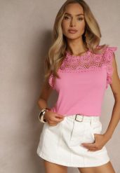 Fuksjowa Bluzka z Bawełny Zdobiona Koronką przy Dekolcie Fevamire. Czerwone bluzki Renee, m, z aplikacjami, z bawełny, eleganckie, bez kołnierzyka, bez ramiączek. W wyprzedaży za 35.99 zł.
