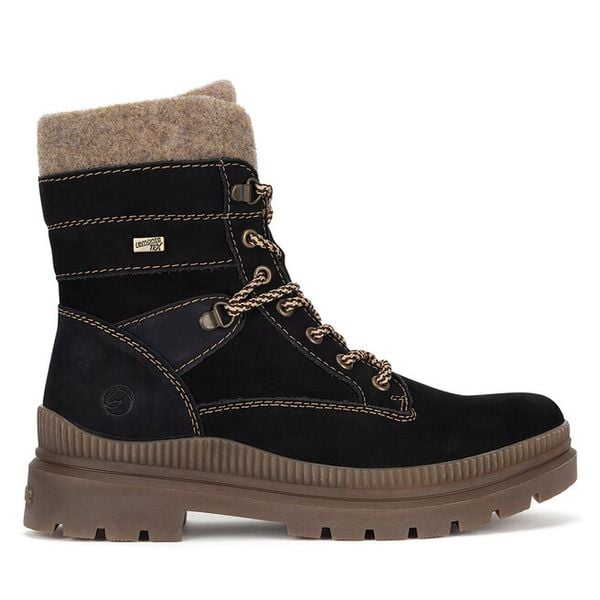 Trzewiki Remonte. Czarne botki Remonte, bez wzorów, bez obcasa, na płaskiej podeszwie, bez zapięcia. Za 399.00 zł.