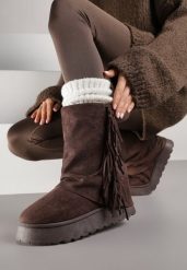 Brązowe Botki Śniegowce z Wywiniętą Cholewką Zdobioną Frędzlami Sewela. Brązowe śniegowce Renee, z aplikacjami, z jeansu, bez zapięcia. Za 129.99 zł.