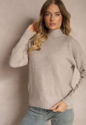 Beżowy Golf Sweter z Tłoczeniem i Ściągaczami Melovira. Brązowe swetry Renee, na zimę, bez wzorów, bez ramiączek. W wyprzedaży za 87.99 zł.