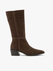 Ciemnobrązowe kozaki na słupku. Brązowe kozaki Brawo sp. z o.o., bez wzorów, ze skóry, eleganckie, przed kolano, bez obcasa, na obcasie, bez zapięcia. Za 649.99 zł.