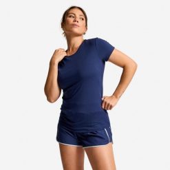 Koszulka fitness damska Domyos krótki rękaw. Niebieskie t-shirty sportowe DOMYOS, l, bez wzorów, z elastanu, bez ramiączek, na fitness i siłownię. Za 34.99 zł.