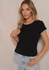 Czarny T-shirt z Bawełny z Ozdobną Lamówką Elanicea. Czarne t-shirty Renee, m, bez wzorów, z bawełny, sportowe, bez kołnierzyka, bez ramiączek. W wyprzedaży za 43.99 zł.