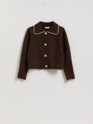 Kardigan z kołnierzykiem - brązowy. Brązowe swetry Reserved, l, bez wzorów, z dzianiny, bez ramiączek. Za 129.99 zł.