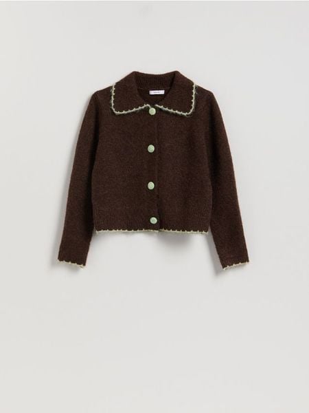 Kardigan z kołnierzykiem - brązowy. Brązowe swetry Reserved, l, bez wzorów, z dzianiny, bez ramiączek. Za 129.99 zł.