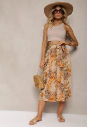 Beżowe Spodnie High Waist z Szerokimi Nogawkami z Gumką w Talii i Materiałowym Paskiem Berlefia. Brązowe jeansy Renee, na lato, l, bez wzorów, z jeansu, z podwyższonym stanem. W wyprzedaży za 29.99 zł.