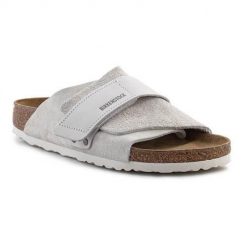 Klapki damskie Birkenstock Kyoto. Szare klapki Birkenstock, bez wzorów, z materiału, bez obcasa, bez zapięcia. Za 761.85 zł.