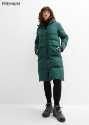 Płaszcz puchowy z odblaskowymi elementami. Zielone płaszcze bonprix, bez wzorów, z materiału, bez kaptura. Za 489.99 zł.