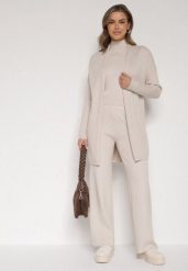 Beżowy Dzianinowy Komplet z Wiskozą Spodnie Bluzka z Półgolfem i Kardigan Vetisena. Brązowe bluzki Born2be, l, bez wzorów, z dzianiny, biznesowe, bez kołnierzyka, bez ramiączek. Za 239.99 zł.