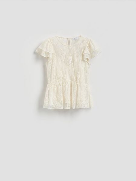 Koronkowa bluzka - złamana biel. Bluzki Reserved, l, bez wzorów, z koronki, bez kołnierzyka, bez ramiączek. Za 149.99 zł.