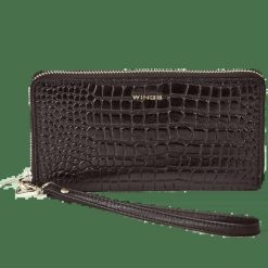 Damski portfel skórzany z paskiem na nadgarstek WINGS CROCO BLACK. Czarne portfele Wings, bez wzorów, ze skóry. Za 79.90 zł.