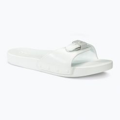 Klapki damskie Scholl Pescura Flat Aqua Eva. Białe klapki Scholl, bez wzorów, bez obcasa, bez zapięcia. Za 119.99 zł.