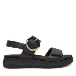 Sandały Remonte. Czarne sandały Remonte, bez wzorów, bez obcasa, na płaskiej podeszwie, bez zapięcia. Za 369.99 zł.