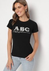 Czarny T-shirt Bawełniany z Naszywką i Cekinami Olisaria. Czarne t-shirty Born2be, m, z aplikacjami, z bawełny, klasyczne, bez kołnierzyka, bez ramiączek. Za 49.99 zł.