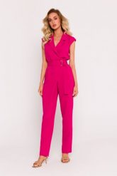 Fuksja Stylowy Kombinezon z Ozdobną Nogawką. Czerwone kombinezony MOE, l, bez wzorów, z elastanu, eleganckie, bez kołnierzyka, bez ramiączek. Za 369.90 zł.
