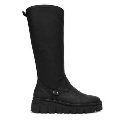 Kozaki Rieker. Czarne kozaki Rieker, bez wzorów, bez obcasa, na koturnie, bez zapięcia. Za 429.99 zł.