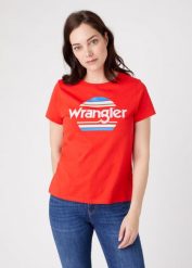 DAMSKI T-SHIRT WRANGLER SS RAINBOW TEE FLAME RED W7ZBD3R06. Czerwone t-shirty Wrangler, s, bez wzorów, bez kołnierzyka, bez ramiączek. Za 69.99 zł.