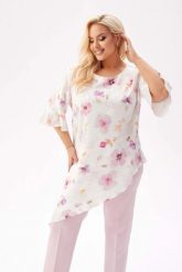 Elegancka tunika Liliana z asymetrycznym krojem w romantyczne kwiaty PLUS SIZE XXL. Czerwone tuniki Moda Size Plus Iwanek, plus size, bez wzorów, z elastanu, eleganckie, z asymetrycznym kołnierzem, bez ramiączek. Za 239.90 zł.